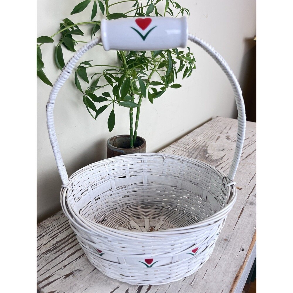 Vintage White Woven Wicker Basket Ceramic Heart Handle / Red & Green Flowers 11”